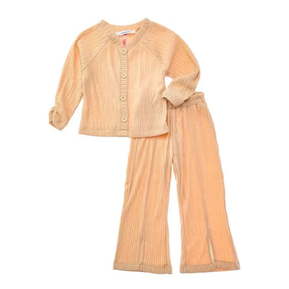 Marion Girls 2Pc Crinkle Plisse Top & Pant Set, Brown